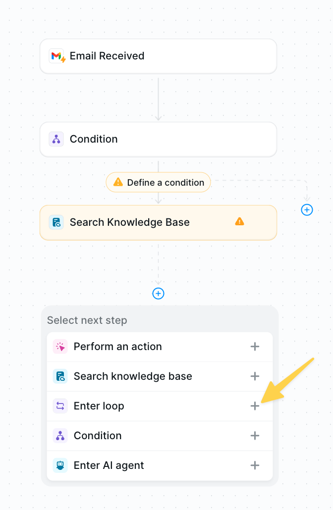 IMAGE NEEDED: Screenshot showing 'Enter loop' option in the Add Step menu
