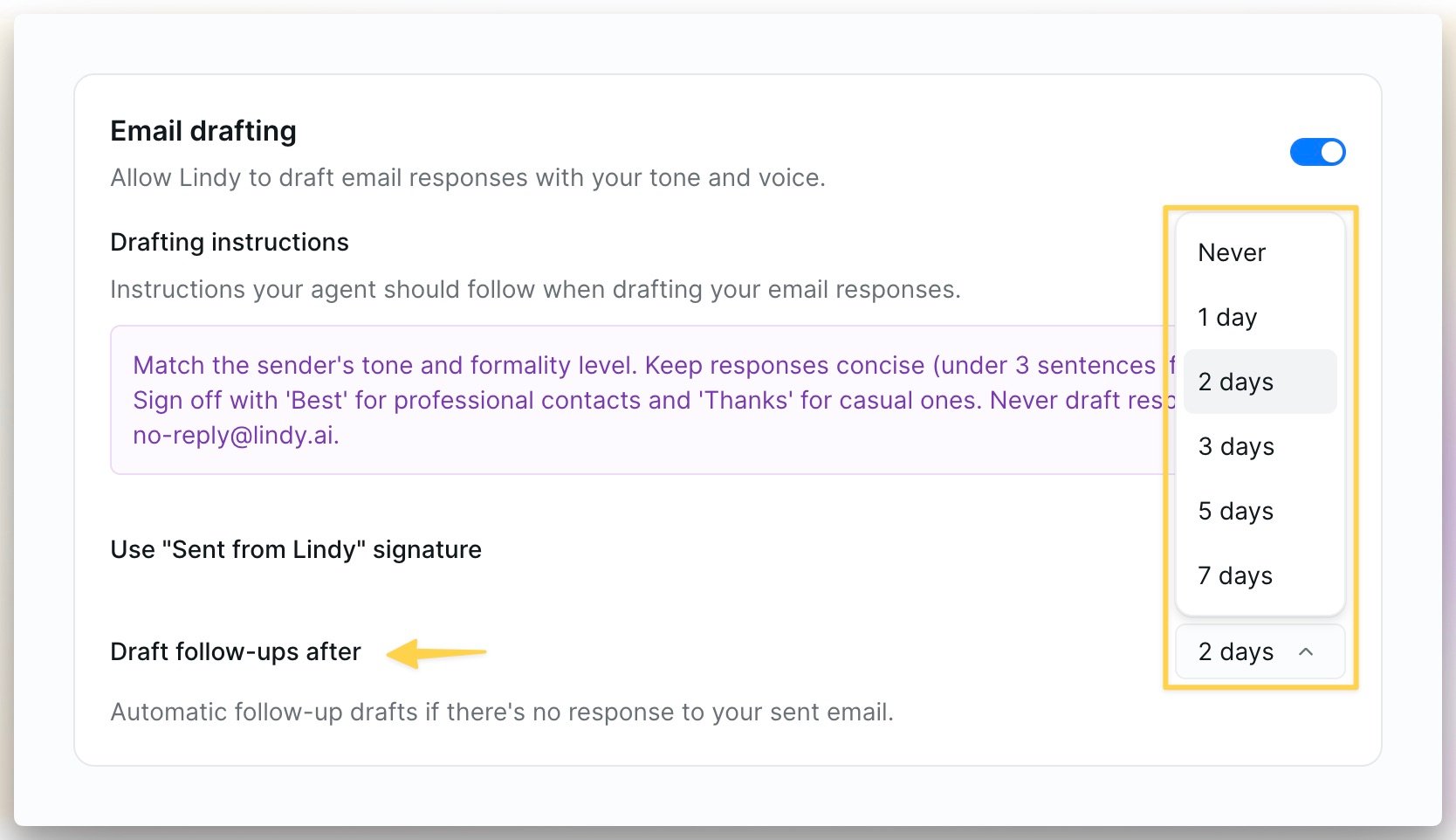 Automatic follow-up drafting settings