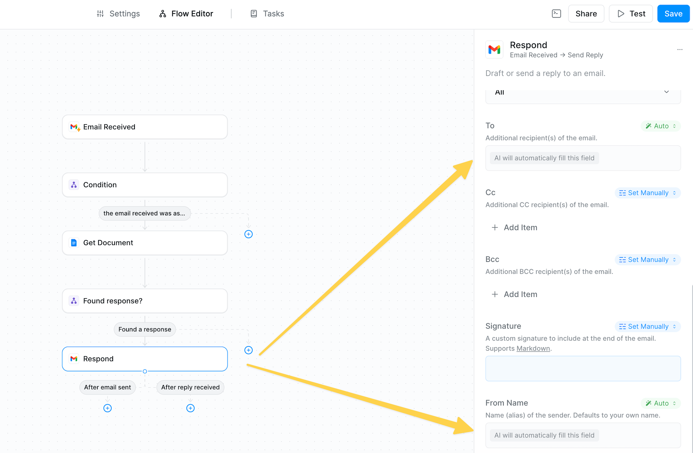 Auto mode intelligently filling email fields based on previous workflow data