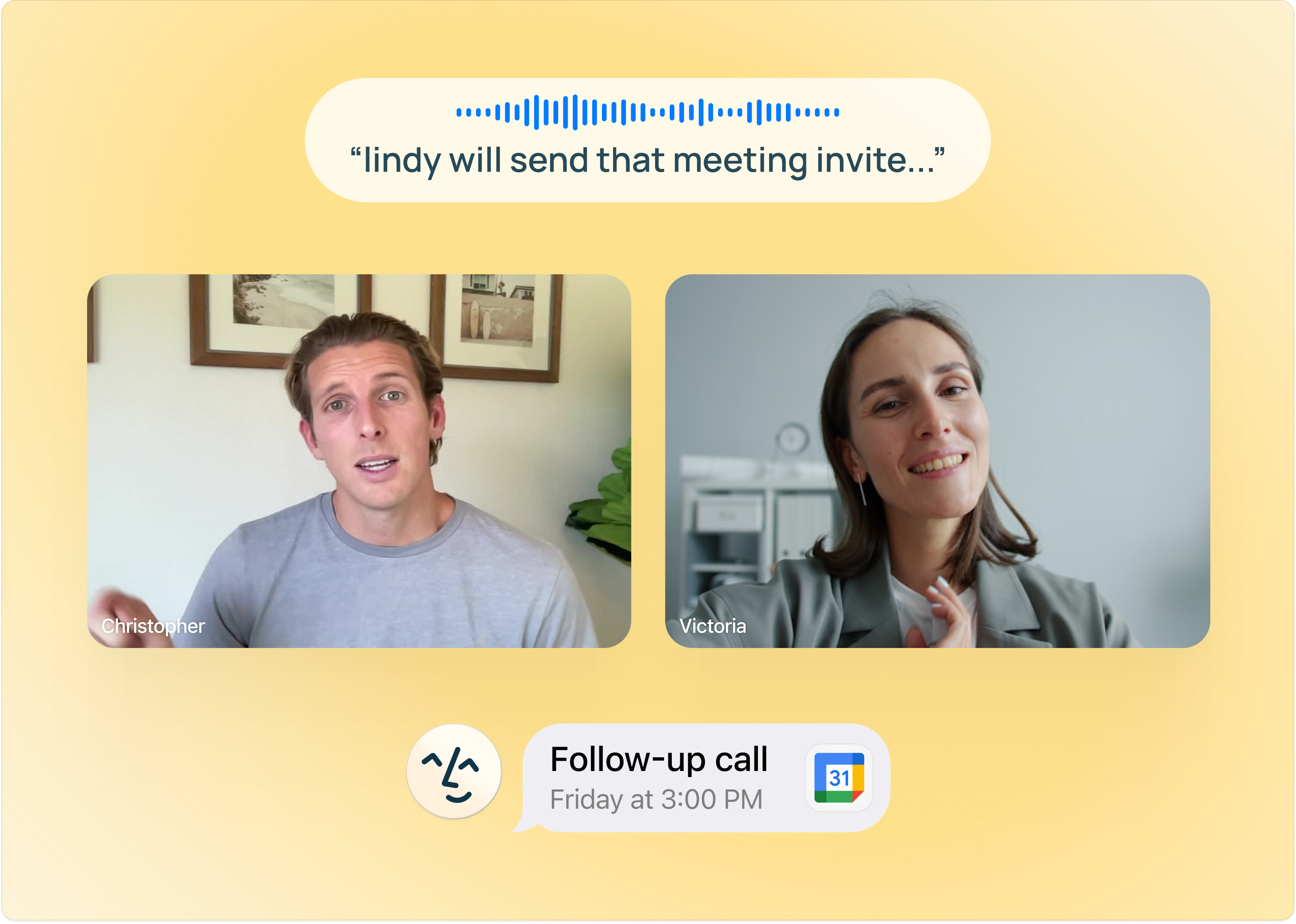 Christopher on a 'Follow-up call' video meeting with Victoria, with a voice transcription overlay 'lindy will send that meeting invite...' and a Lindy iMessage card scheduling the follow-up for Friday at 3:00 PM