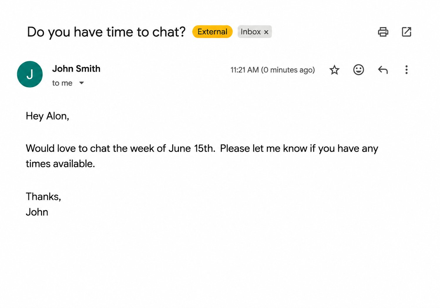 Incoming email requesting a meeting