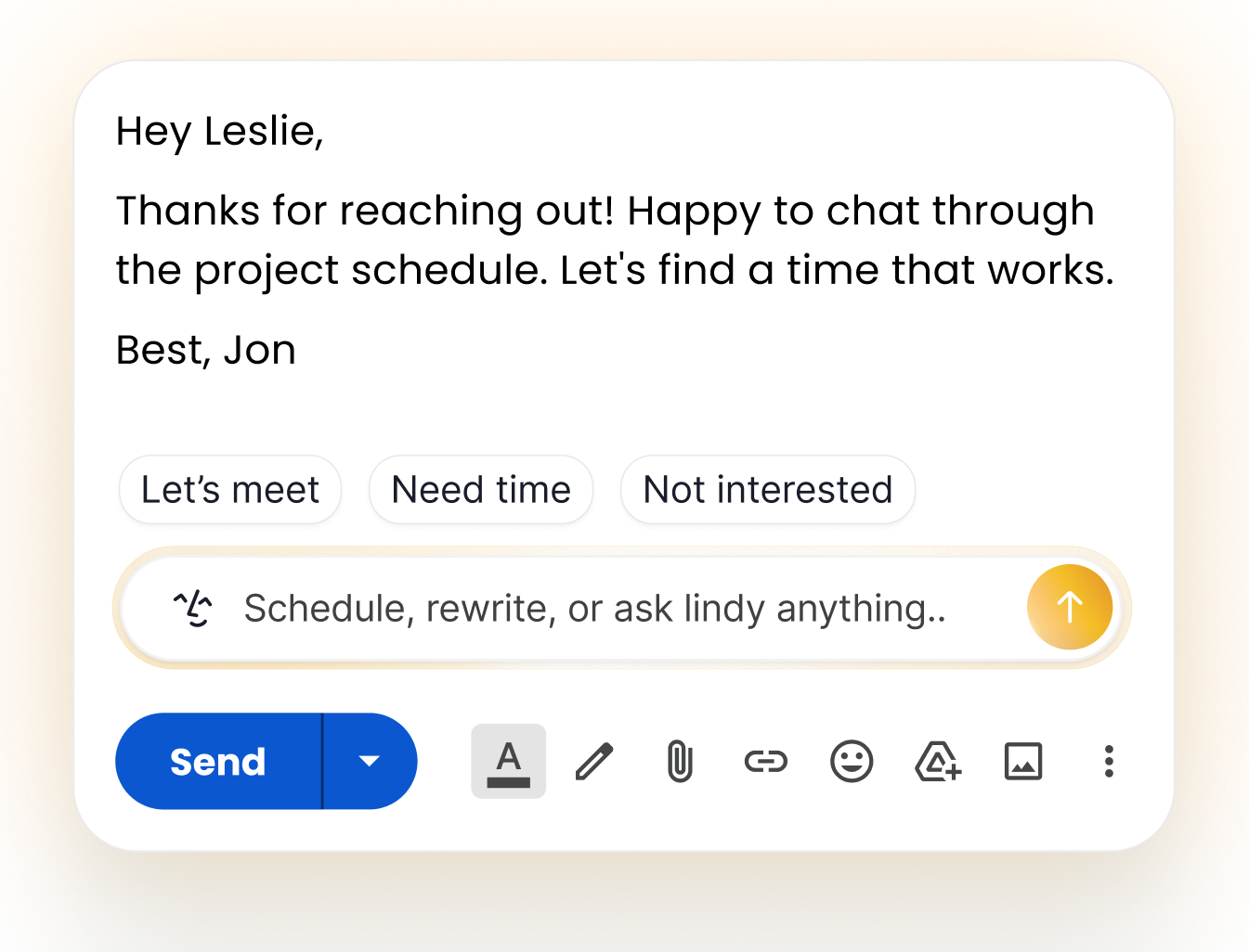 A drafted reply in Gmail with quick-action buttons (Let's meet, Need time, Not interested) and the Lindy compose bar