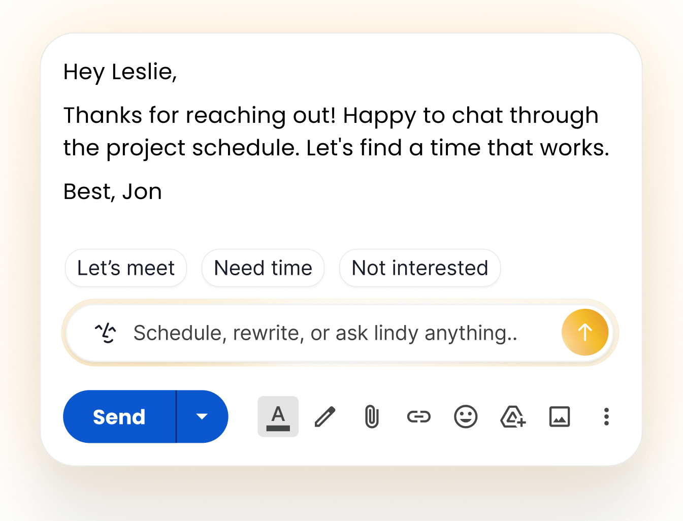 A drafted reply in Gmail with quick-action buttons (Let's meet, Need time, Not interested) and the Lindy compose bar