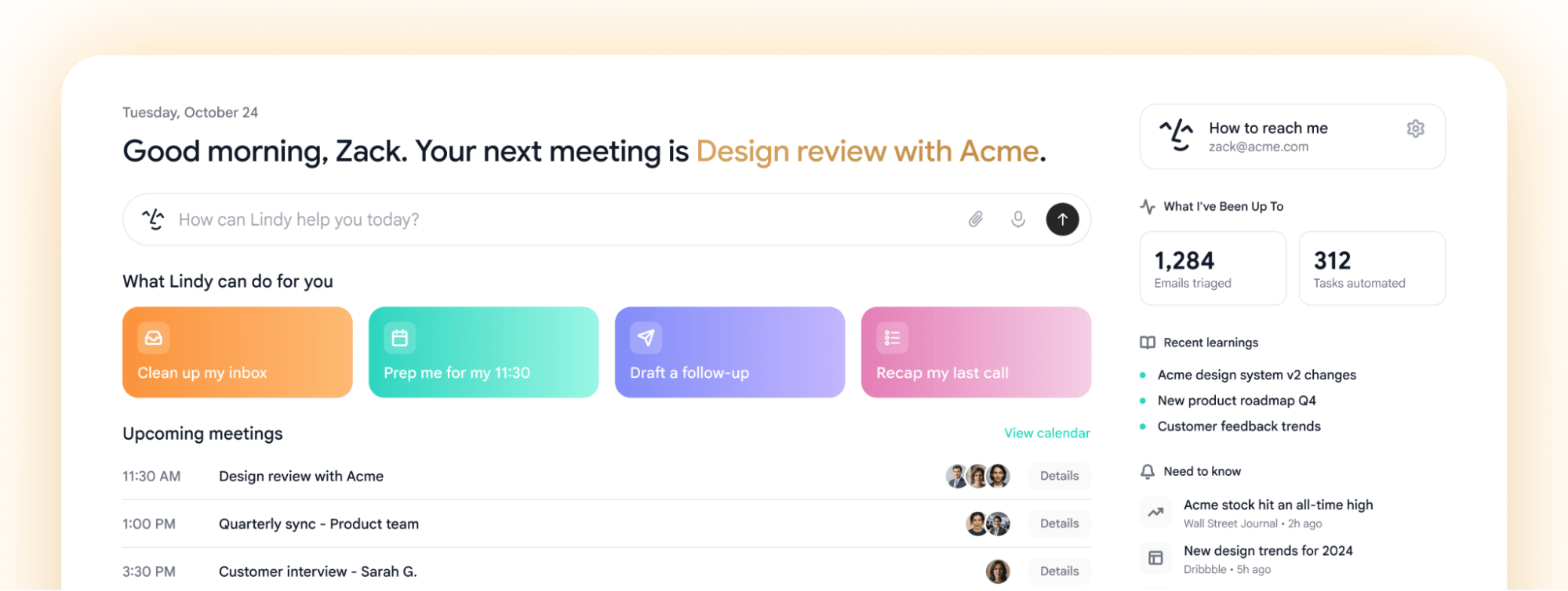 Lindy's new tab dashboard: a greeting, a chat bar, quick-action cards, upcoming meetings, and a daily activity summary
