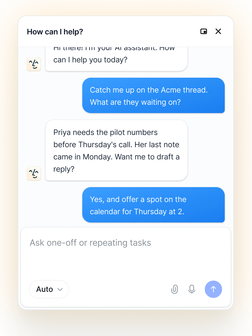The Lindy sidebar chat panel inside Gmail, with a conversation and a task input bar with voice, attachments, and a model selector
