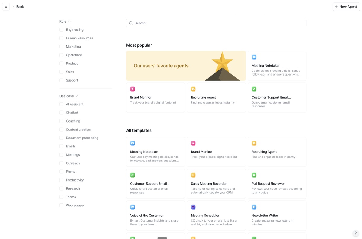 Template gallery with popular agents filtered by role and use case