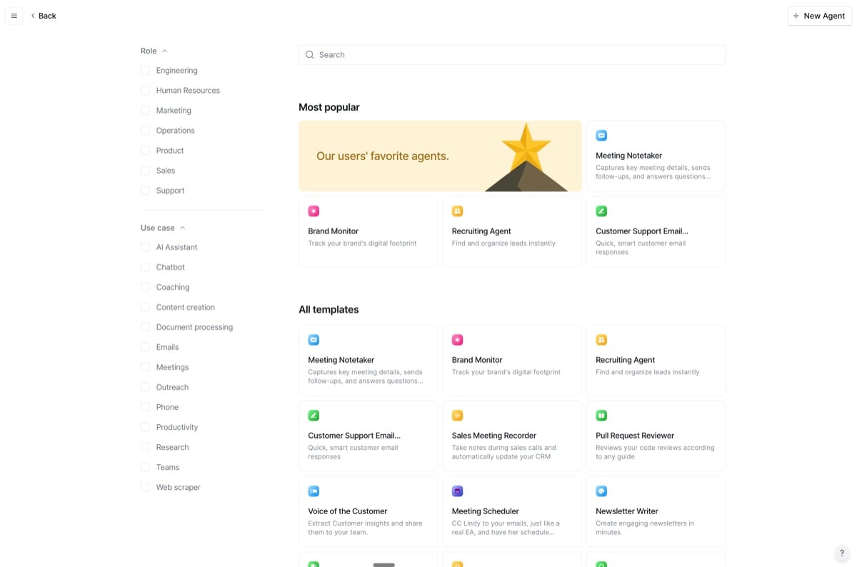 Template gallery with popular agents filtered by role and use case