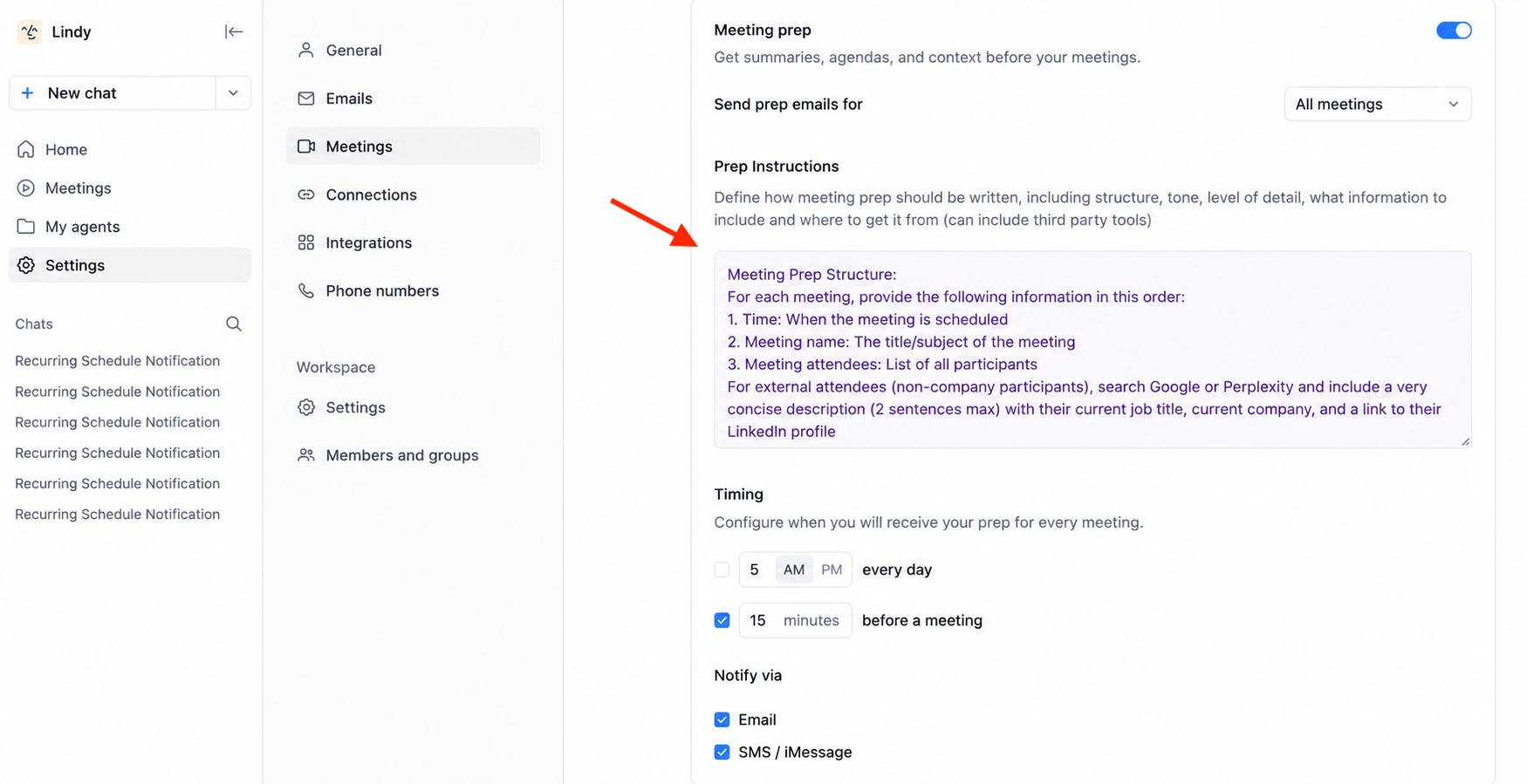 Meeting prep prompt customization field in Lindy settings