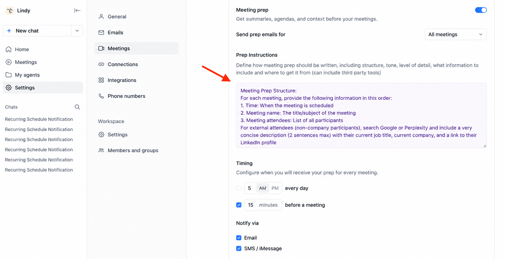 Meeting prep prompt customization field in Lindy settings