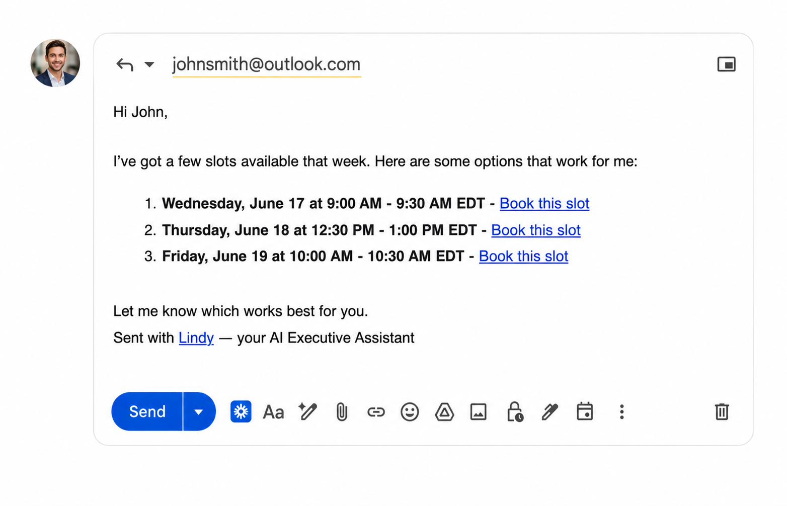 Lindy's draft reply with 3 available time slots