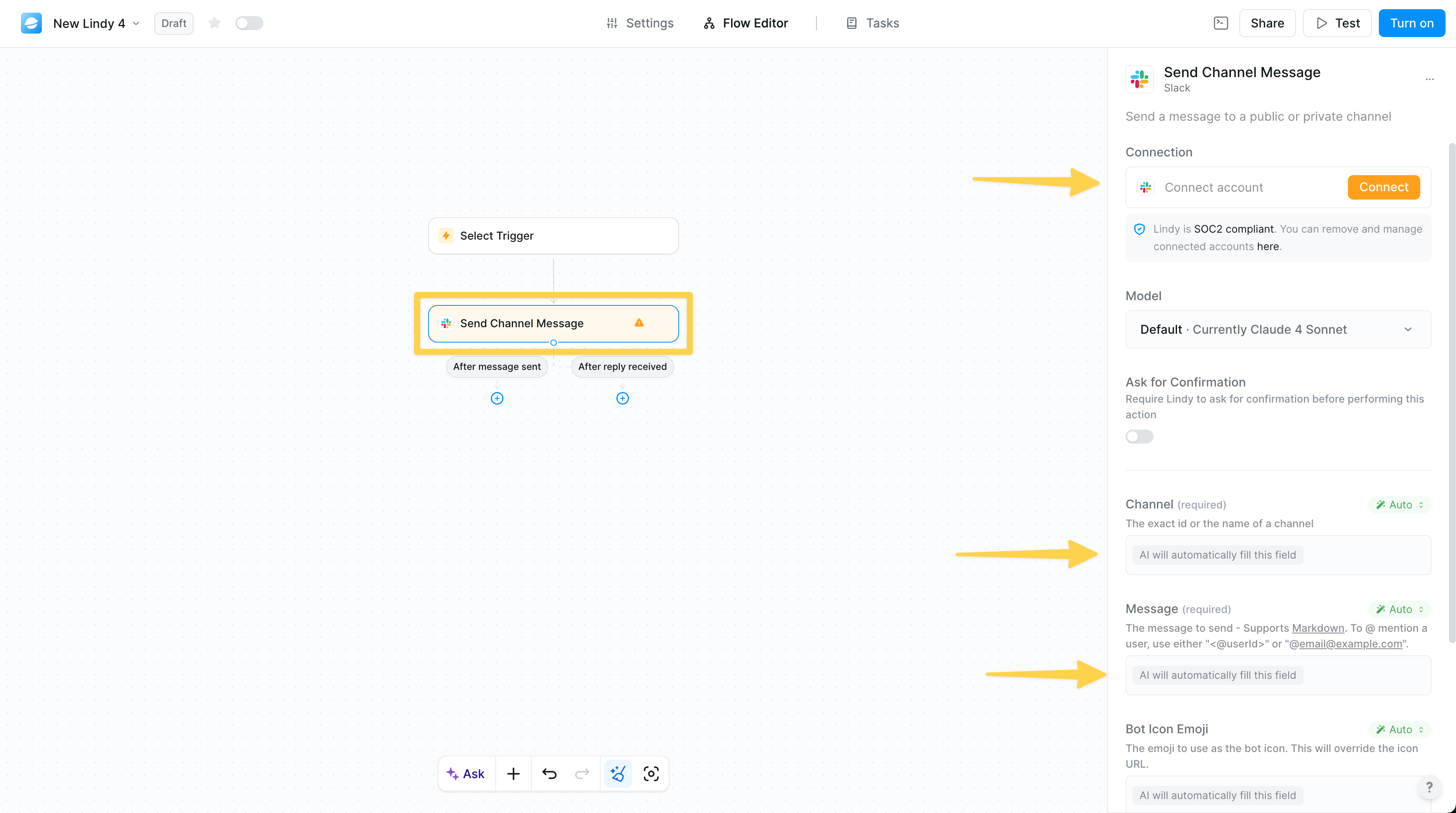 Send message action configuration with channel selection and message composition