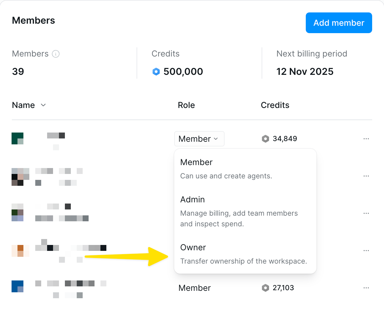 Transferring workspace ownership interface