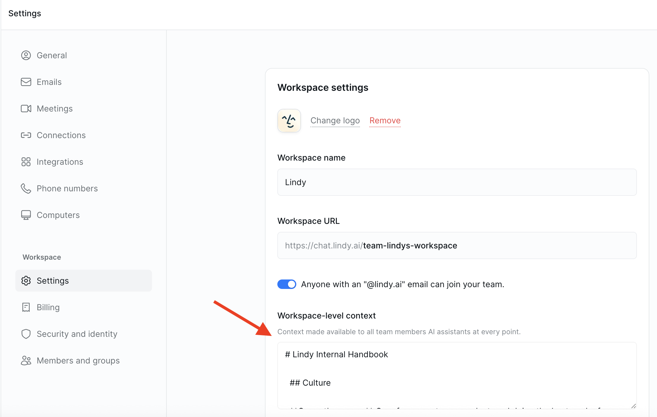 Workspace context settings