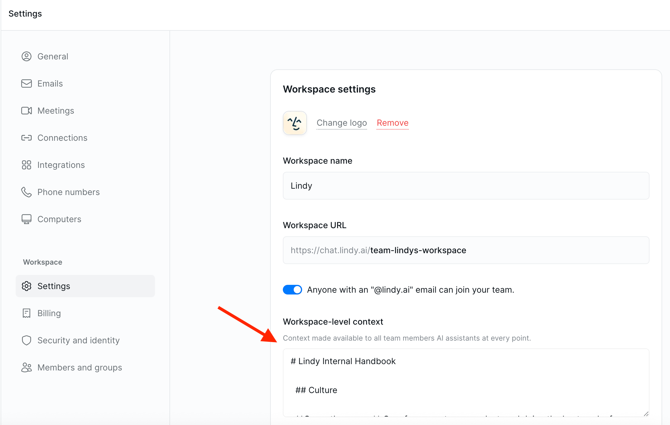 Workspace context settings