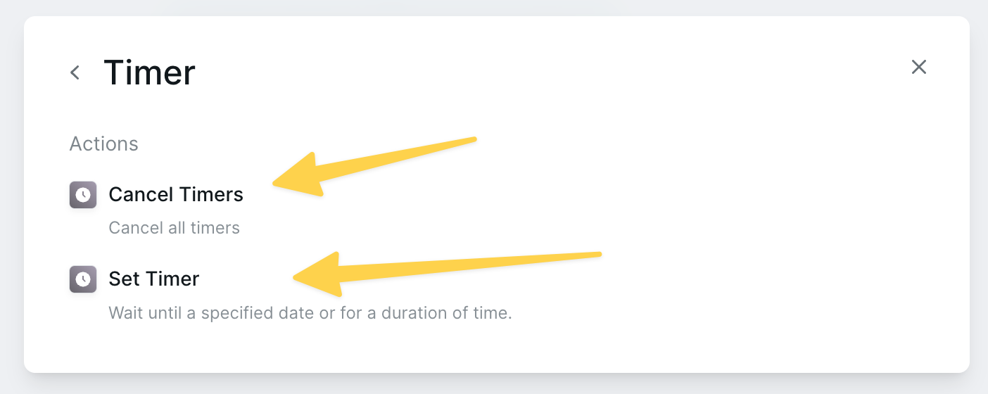 Timer actions menu showing Cancel Timers and Set Timer options