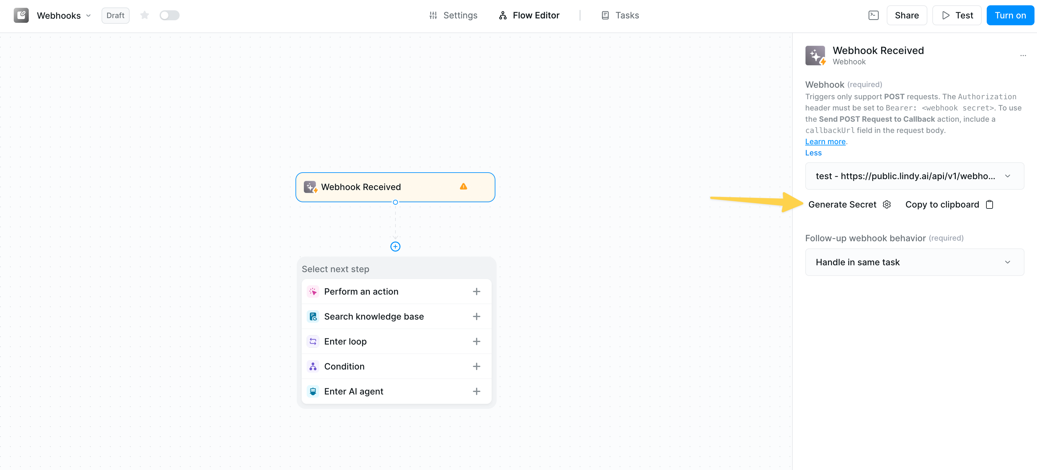 Generate Secret button and copy to clipboard option for webhook security