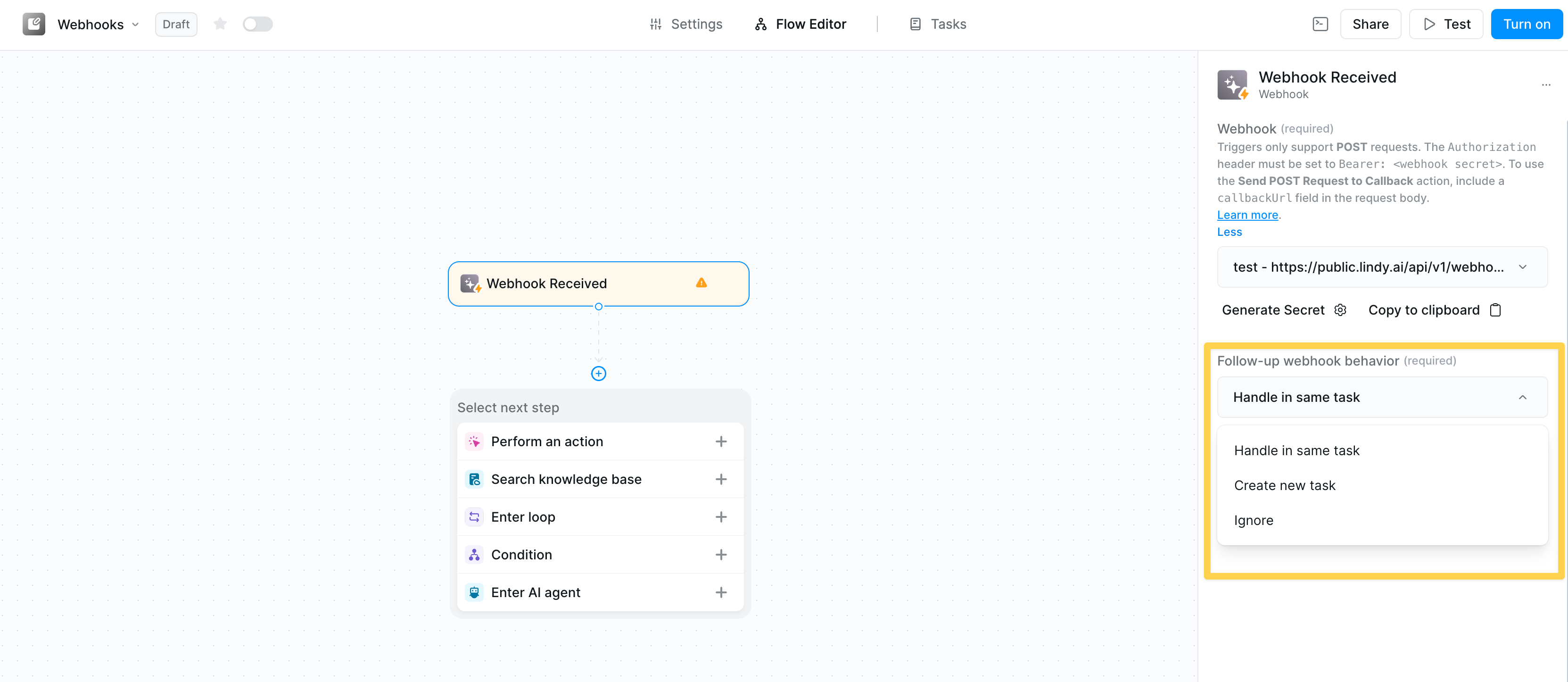 Follow-up behavior dropdown showing Handle in same task, Create new task, and Ignore options