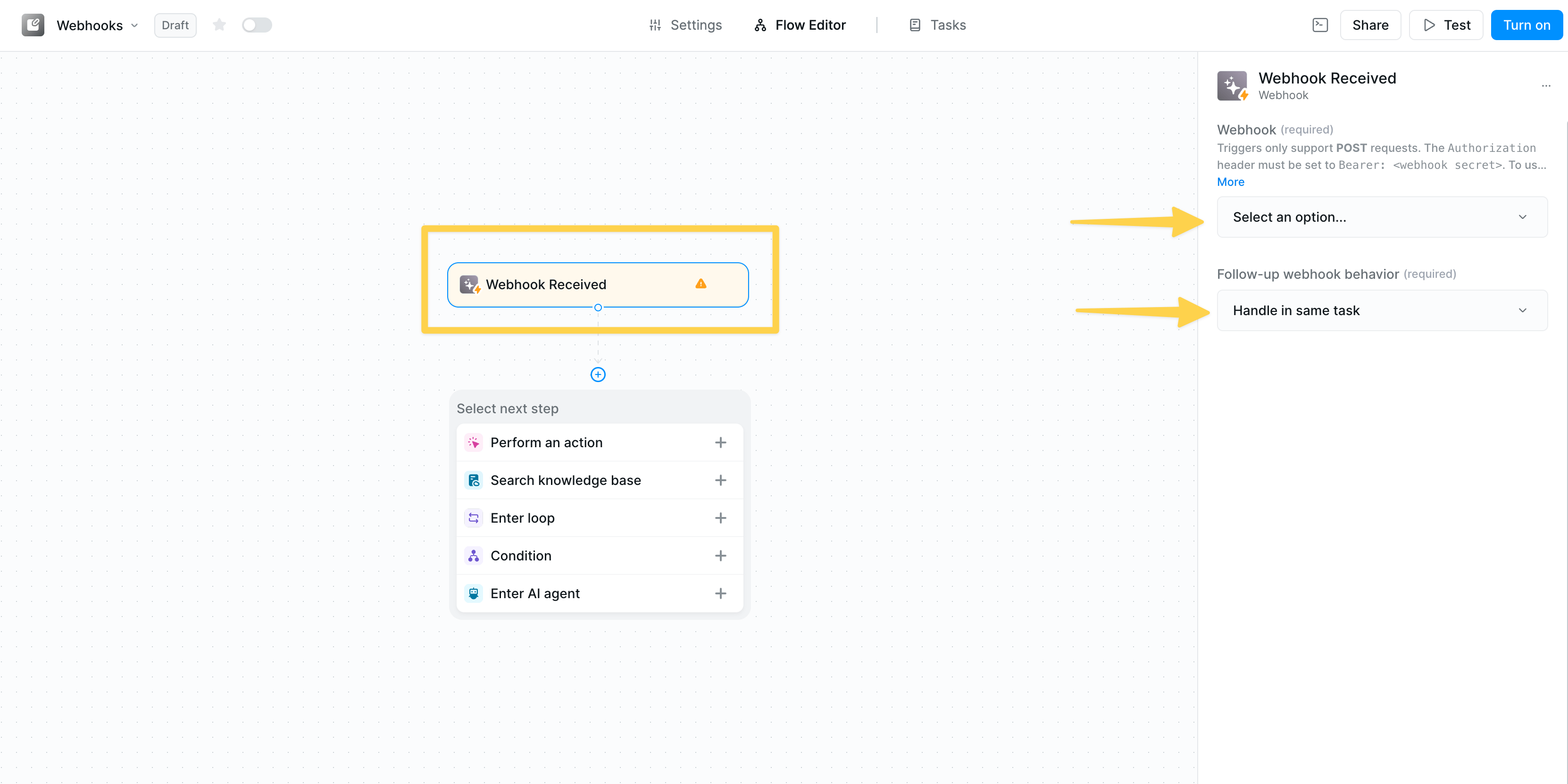 Webhook configuration interface showing webhook selection and follow-up behavior options
