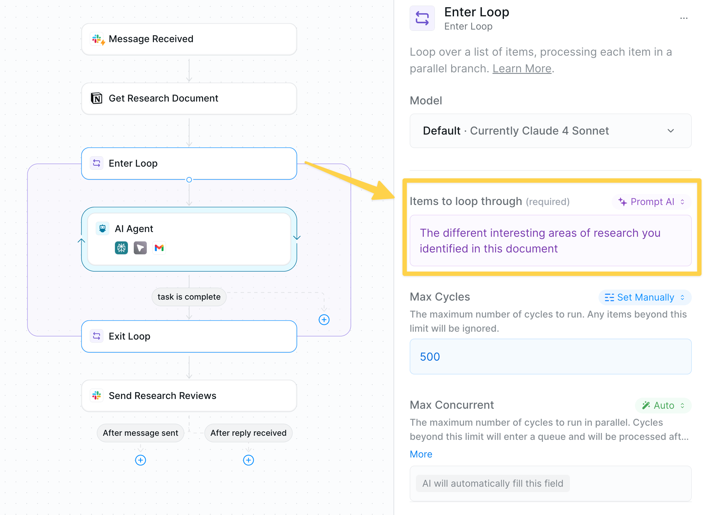 Example of AI prompt for looping items