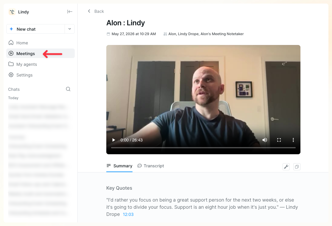 Meetings tab in Home with a meeting open showing the recording player and Summary tab