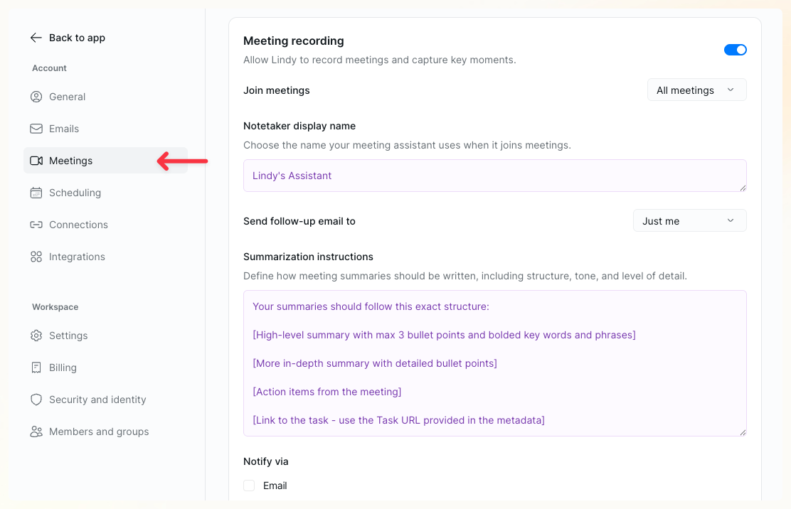 Meetings settings panel with recording toggle, notetaker display name, and summarization instructions