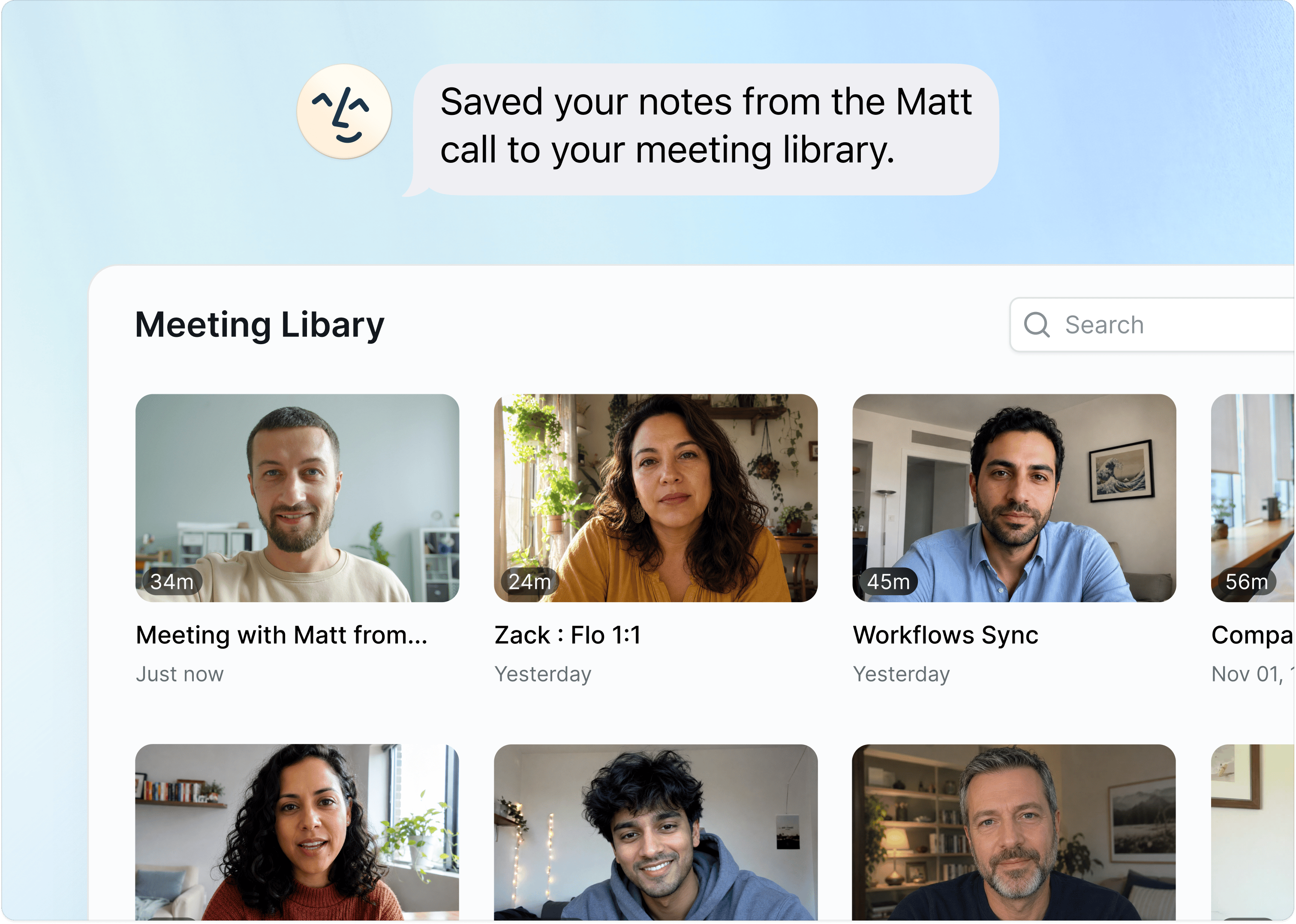 Lindy iMessage 'Saved your notes from the Matt call to your meeting library.' above the Meeting Library grid of recorded meetings