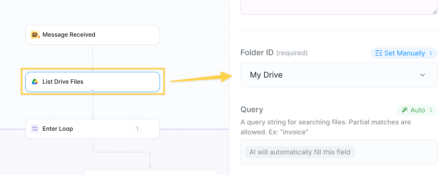 Google Drive list files configuration