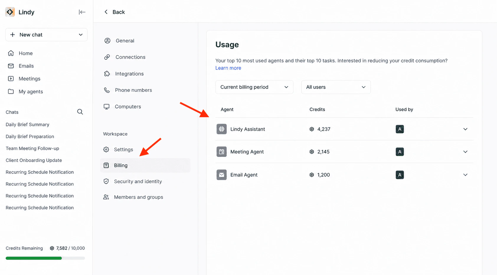 Usage section in Settings > Billing