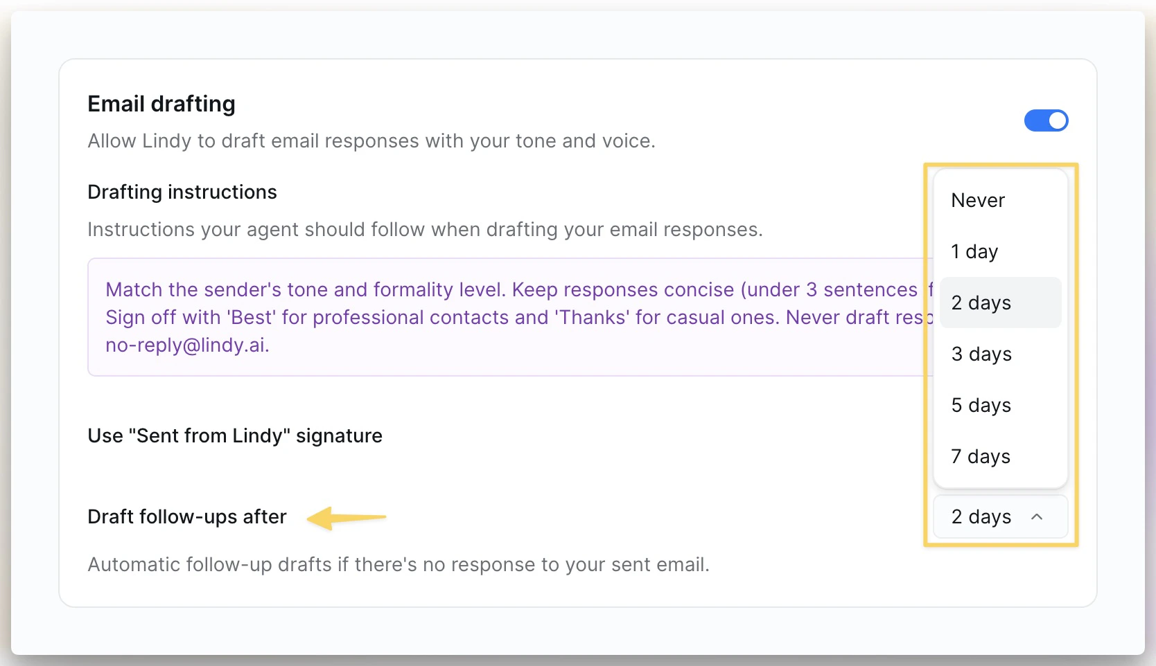 Automatic follow-up drafting settings