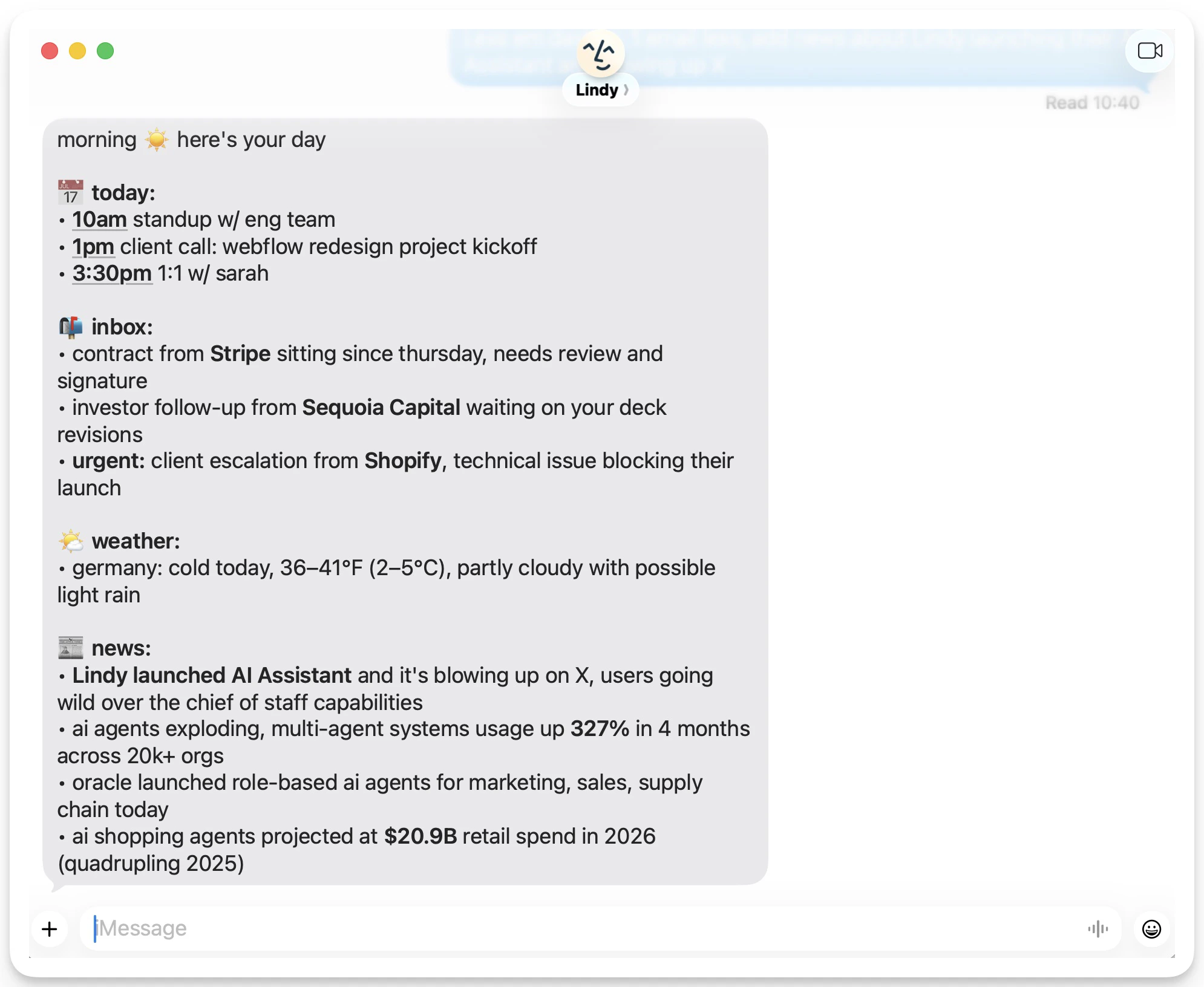 Daily morning briefing from Lindy via iMessage
