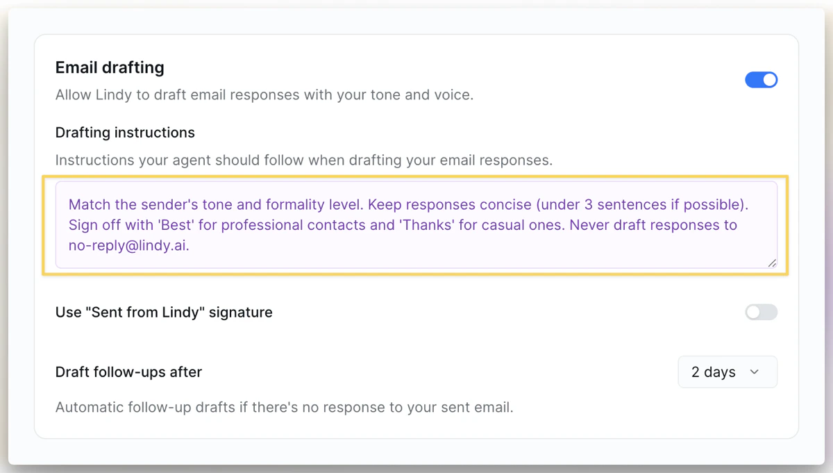 Drafting instructions text field with example tone and style rules