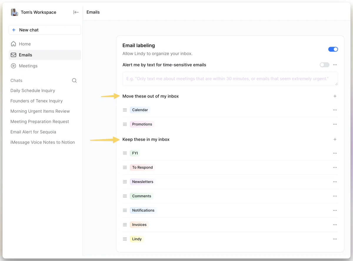 Email Labeling settings showing category toggles