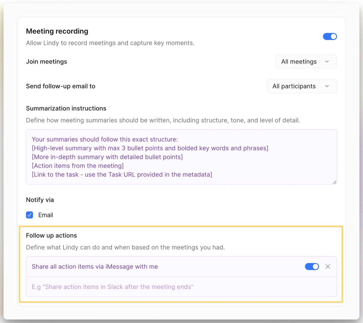 Follow-up actions settings showing custom actions and notification options