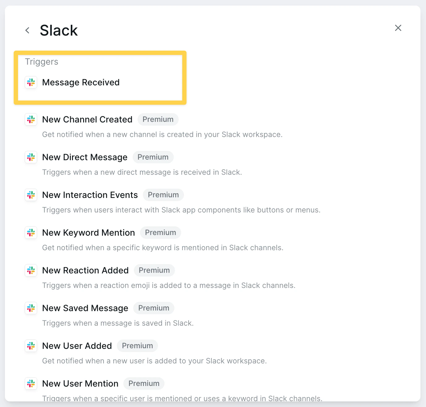 Slack message received trigger configuration showing channel selection and filters
