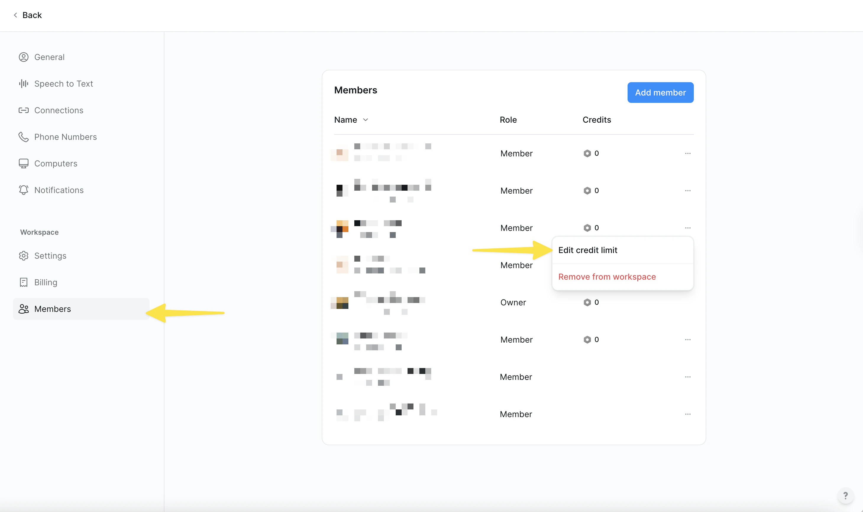 Credit allocation settings interface