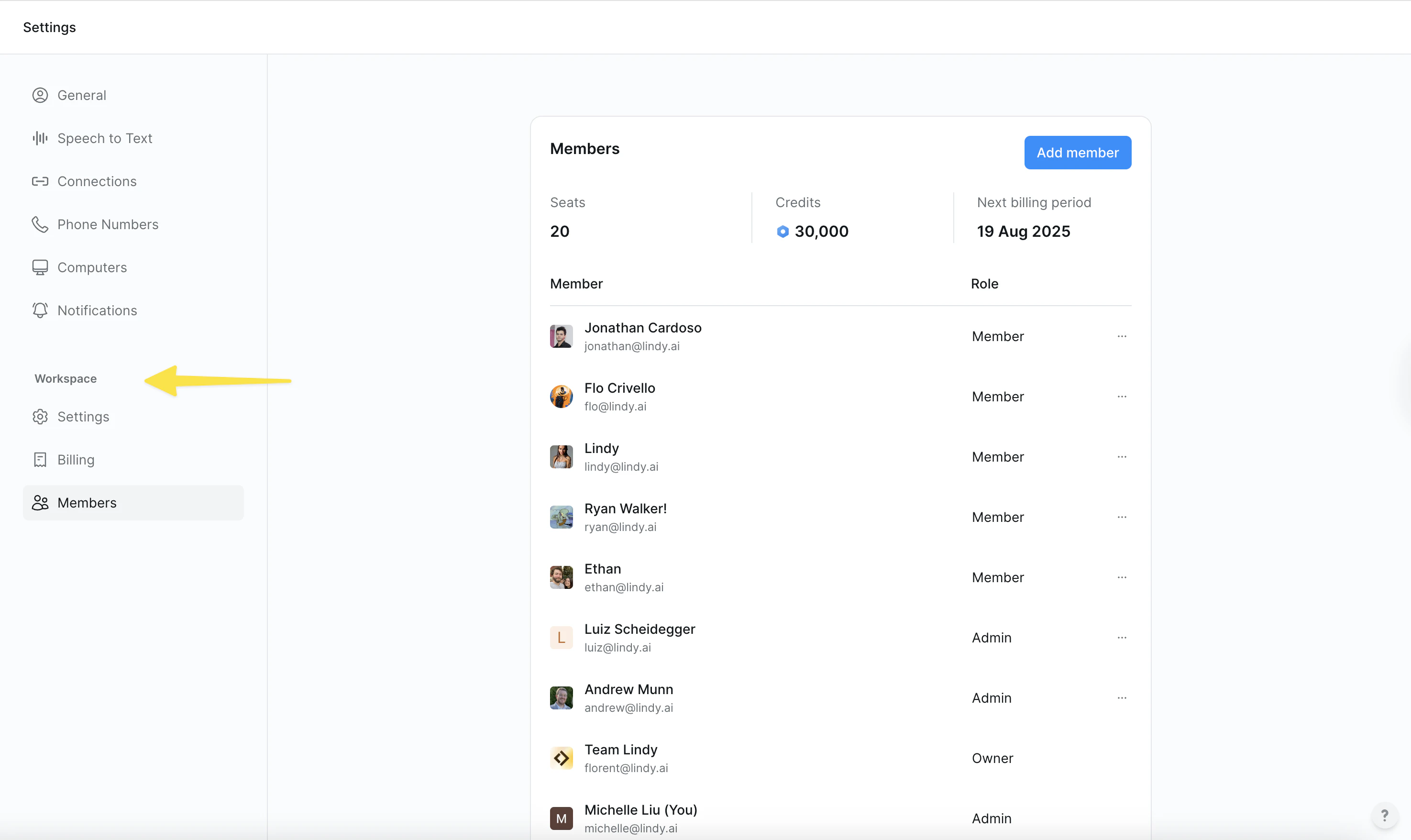 Inviting members and editing permissions interface