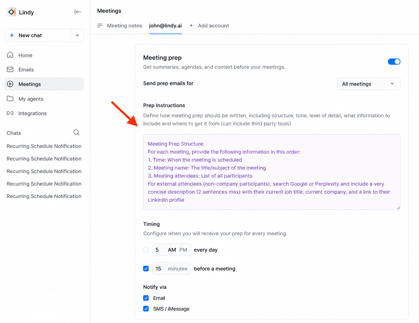 Meeting prep prompt customization field in Lindy settings