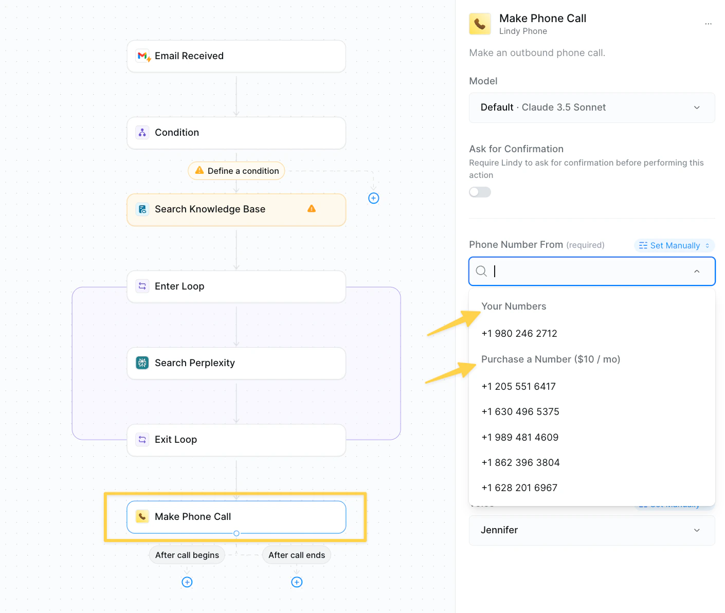 IMAGE NEEDED: Screenshot of Phone number dropdown showing available numbers to purchase