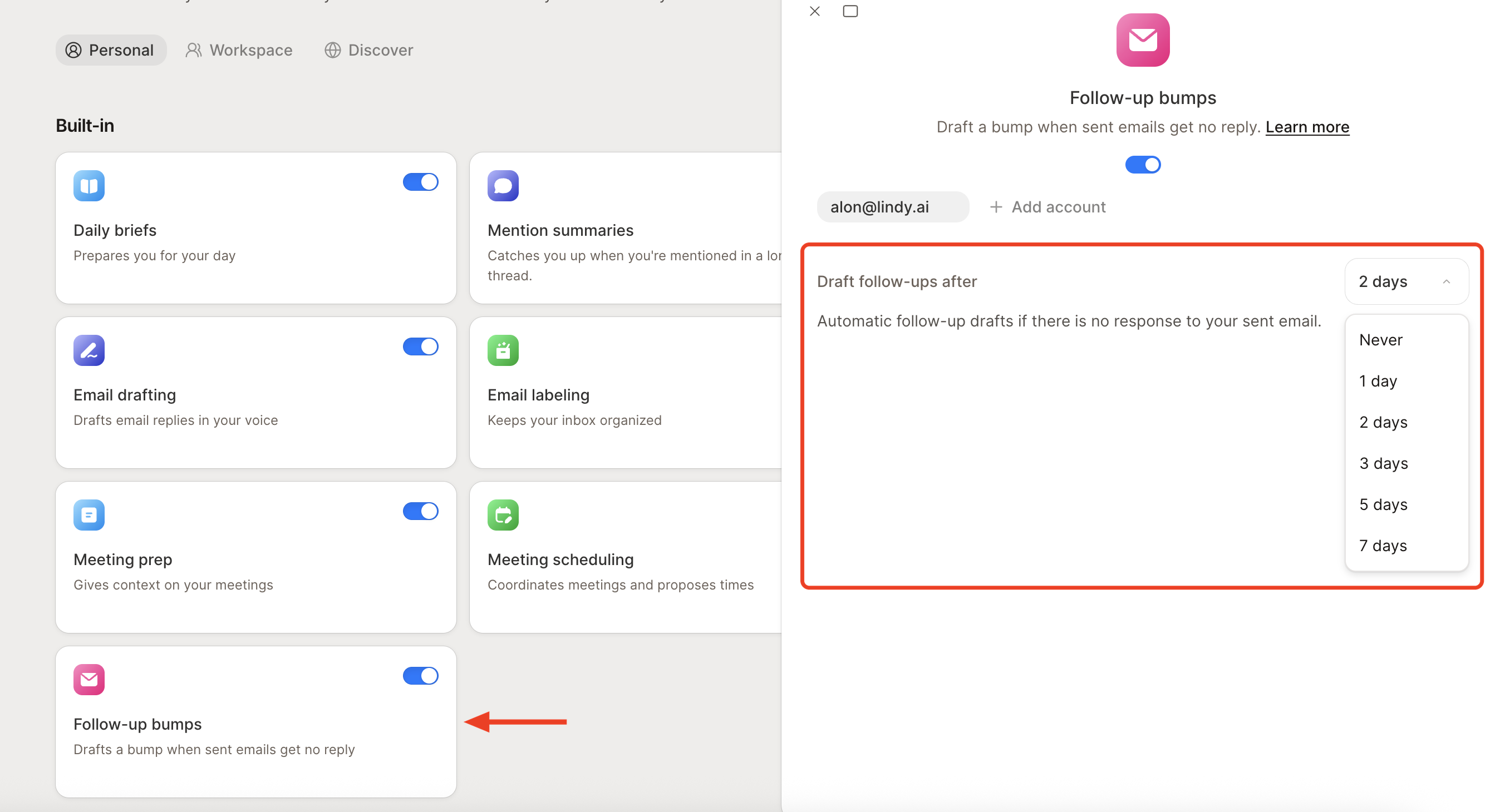 Routines page with an arrow pointing to the Follow-up bumps card, and the Draft follow-ups after setting highlighted with its options open