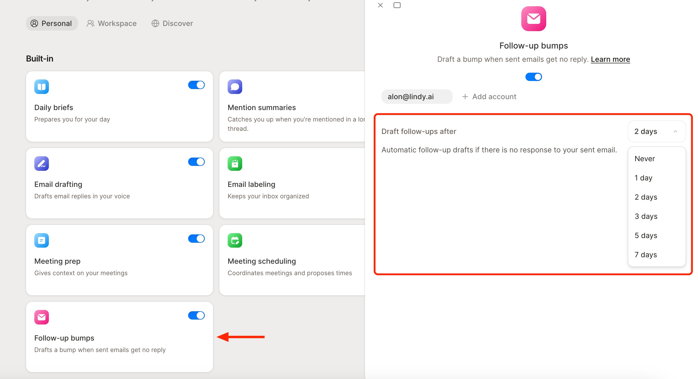 Routines page with an arrow pointing to the Follow-up bumps card, and the Draft follow-ups after setting highlighted with its options open