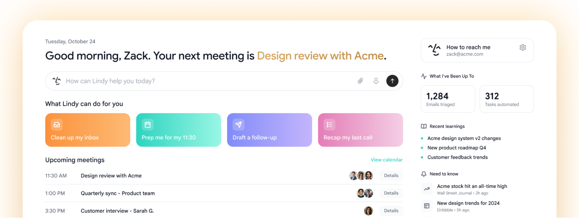Lindy's new tab dashboard: a greeting, a chat bar, quick-action cards, upcoming meetings, and a daily activity summary