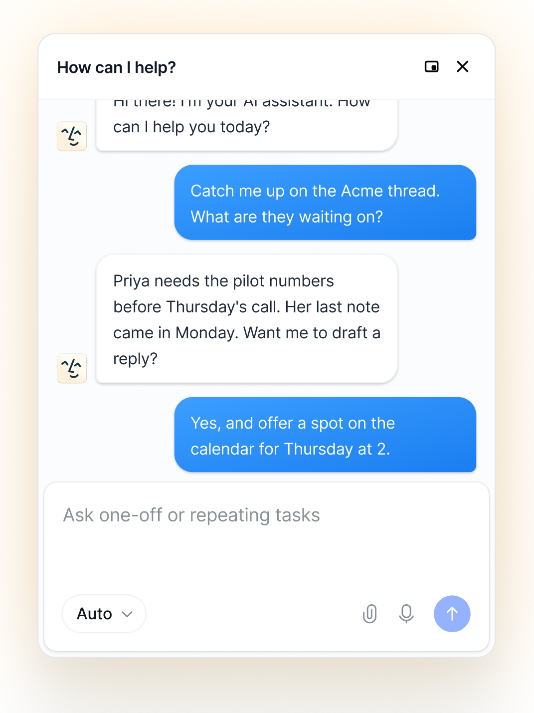 The Lindy sidebar chat panel inside Gmail, with a conversation and a task input bar with voice, attachments, and a model selector