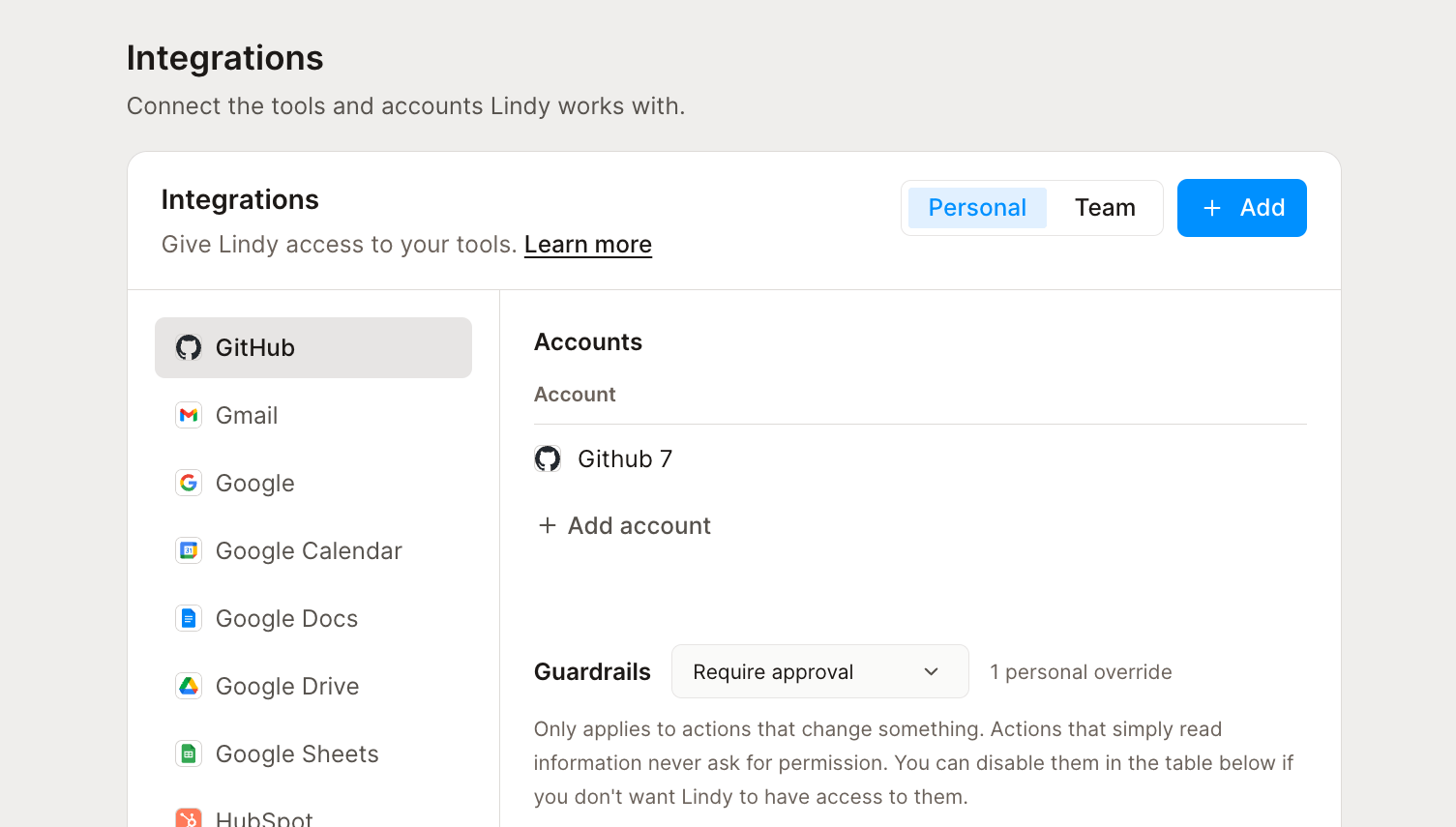 The Integrations page: tools grouped by category, connected accounts, and a guardrail dropdown