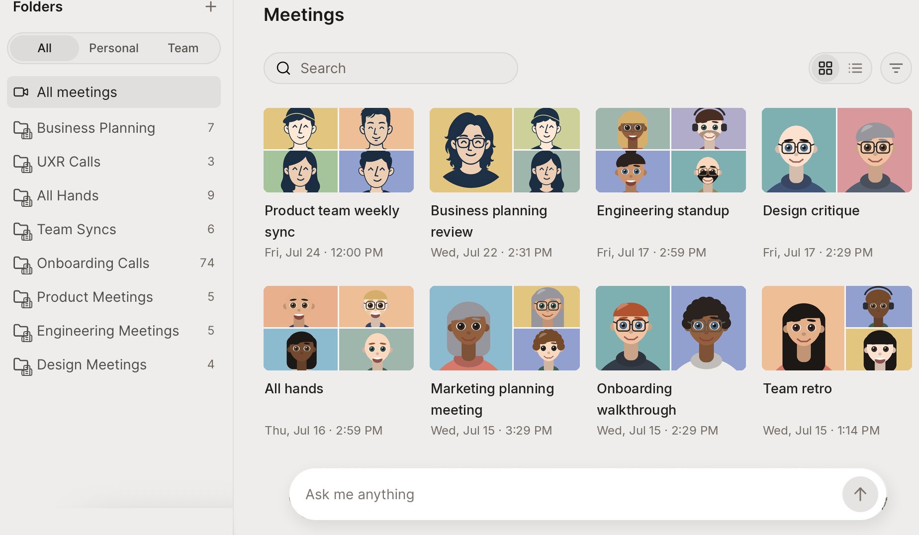 The Meetings page: a Folders sidebar with All, Personal, and Team views, recorded meetings as tiles, and an Ask me anything box