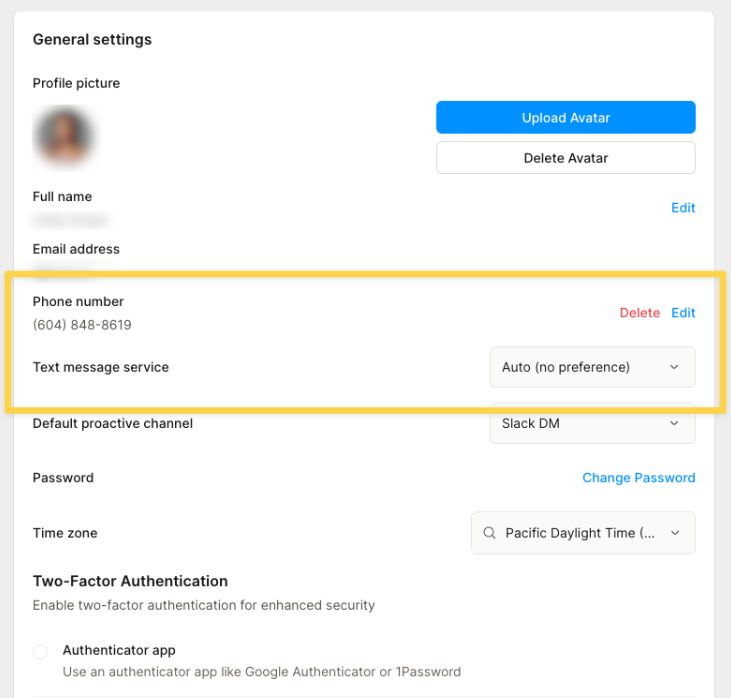 General settings showing Phone number and Text message service set to Auto (no preference)