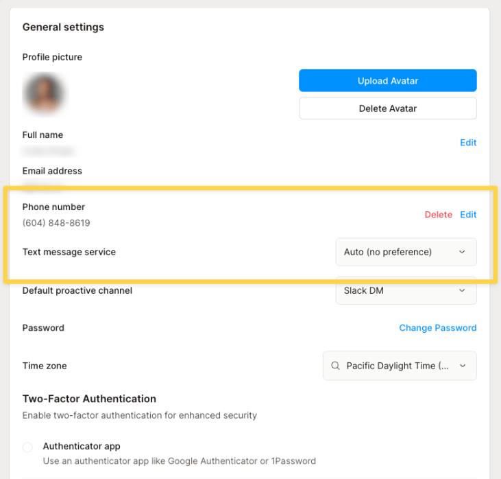 General settings showing Phone number and Text message service set to Auto (no preference)