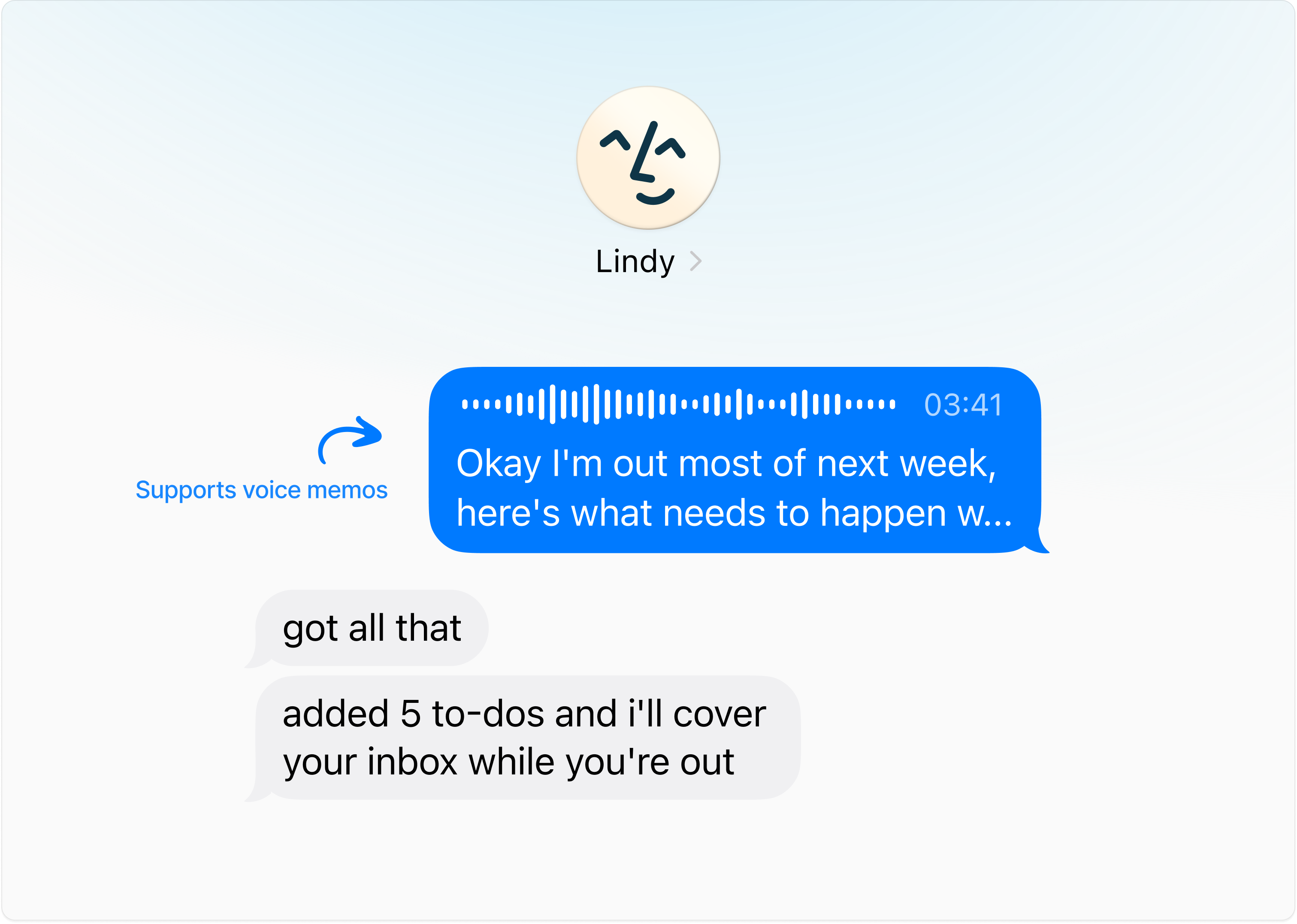 Voice memo iMessage to Lindy ('Okay I'm out most of next week, here's what needs to happen...') with Lindy replying 'got all that. added 5 to-dos and i'll cover your inbox while you're out'