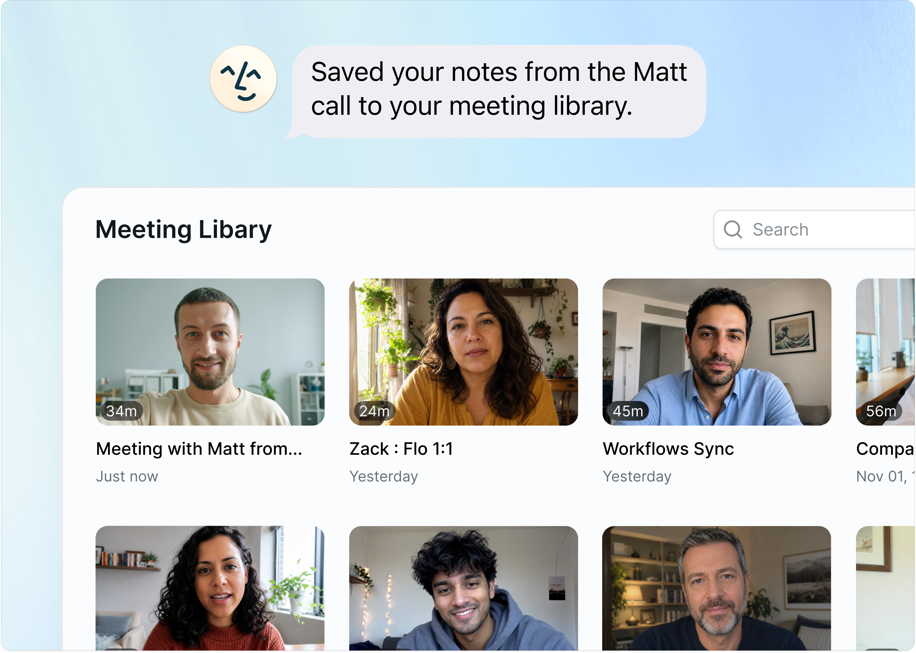 Lindy iMessage 'Saved your notes from the Matt call to your meeting library.' above the Meeting Library grid of recorded meetings