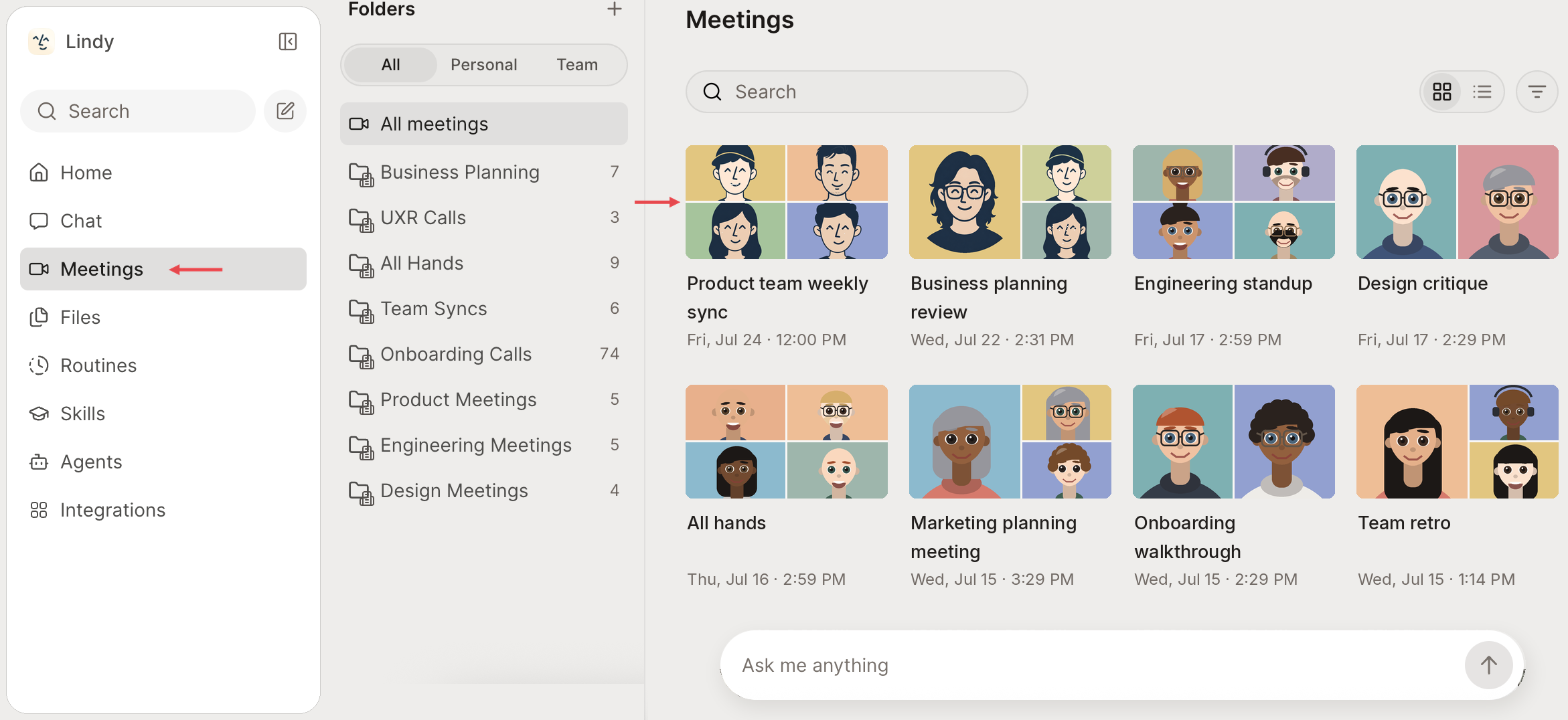Meeting library with an arrow pointing to Meetings in the left nav and another pointing to a recorded meeting in the grid