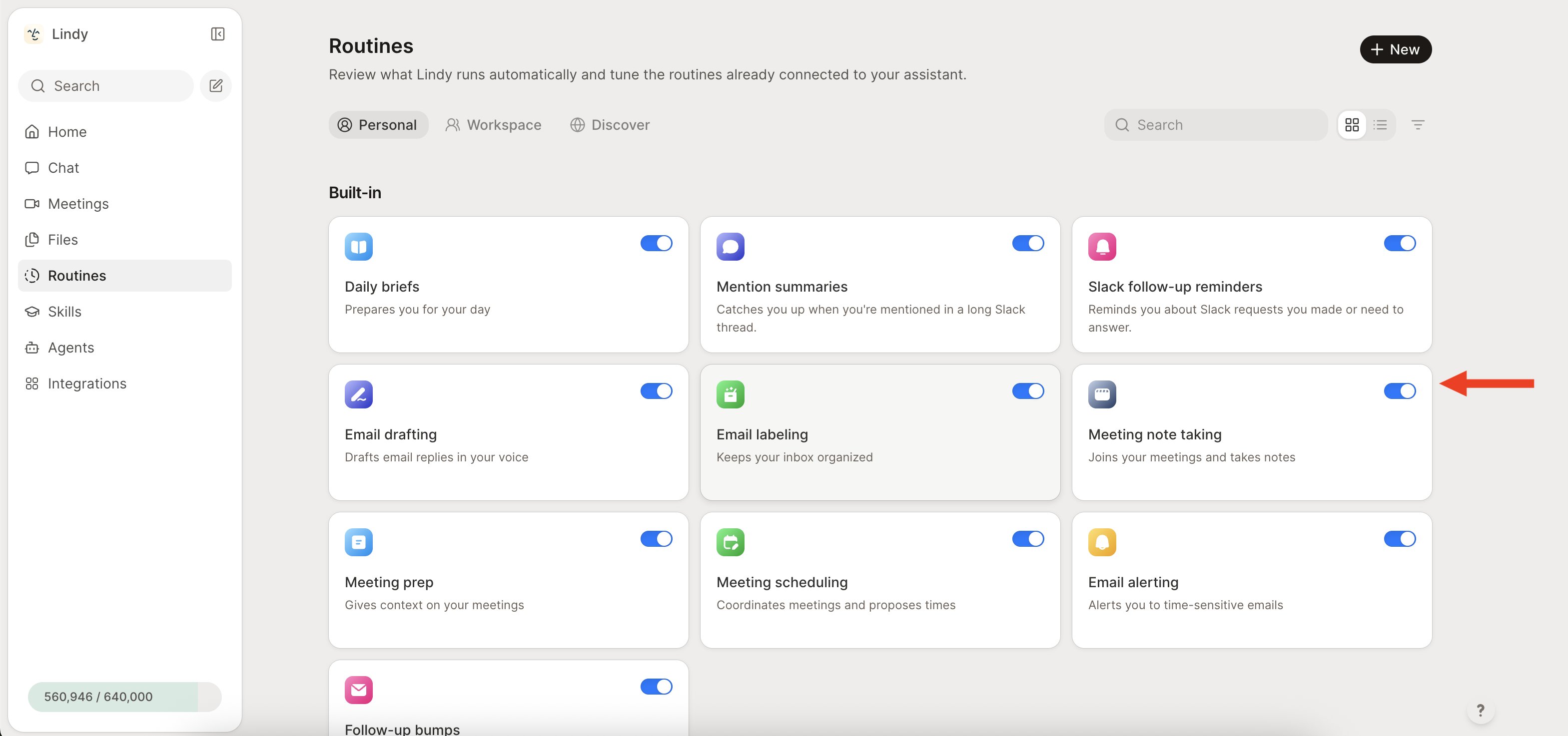 Routines page with an arrow pointing to the Meeting note taking card